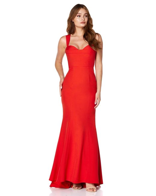 Jarlo Red Rebecca Strap Maxi Dress With Pleated Sweetheart Neckline