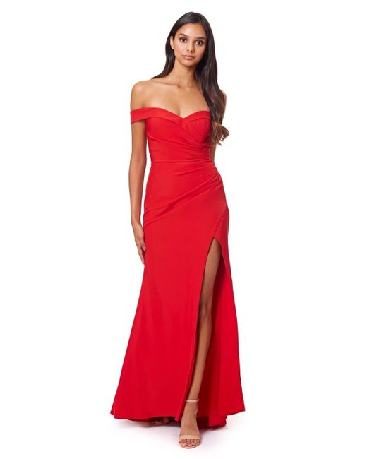Jarlo Red Bluebell Bardot Maxi Dress With Thigh Split And Button Back
