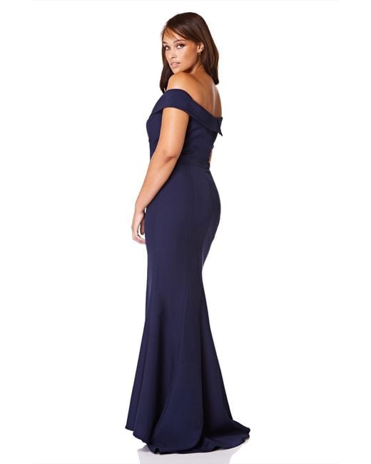Jarlo Blue Bella Bardot Maxi Dress With Thigh Split And Train