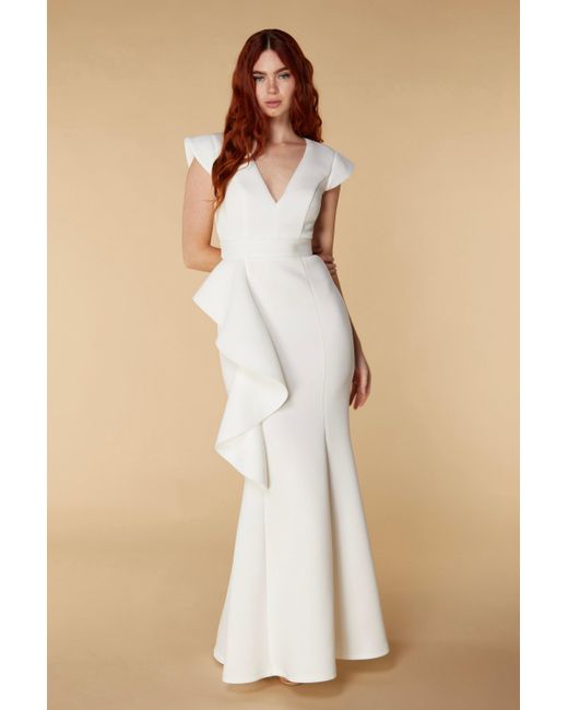 Jarlo Natural Avery Ruffle Frill V Neck Scuba Maxi Dress