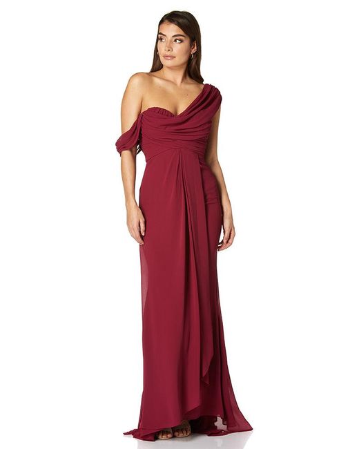 Jarlo Red Paloma Pleated Drape One Shoulder Chiffon Gown