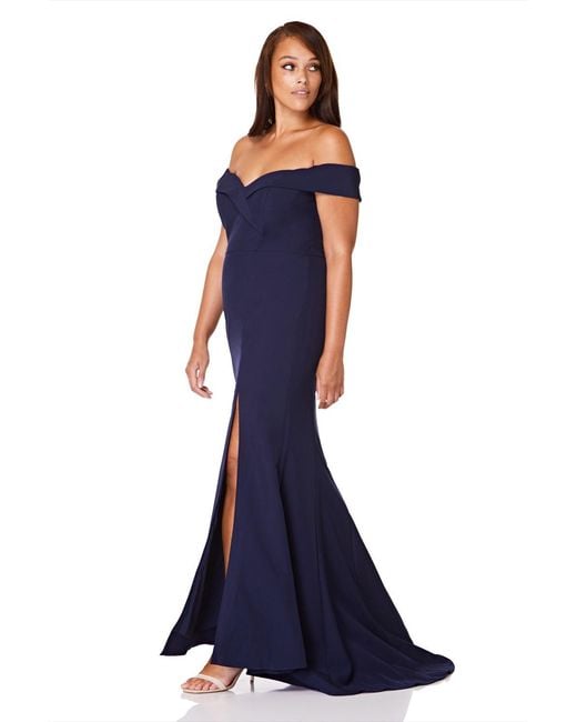 Jarlo Blue Bella Bardot Maxi Dress With Thigh Split And Train
