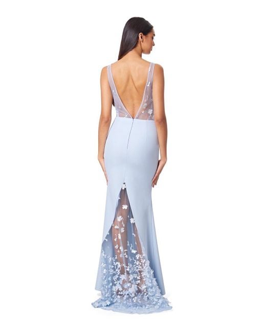 Jarlo Blue Allegra Sheer Floral Embroidery Maxi Dress With Deep V Front & Back Neckline