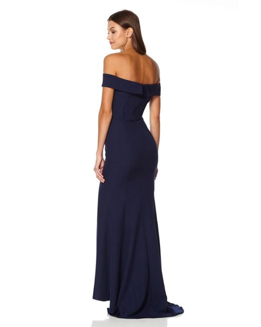 Jarlo Blue Bella Bardot Maxi Dress With Thigh Split And Train