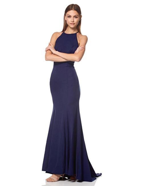 Jarlo Blue Carlin High Neck Fishtail Dress With Open Back Detail