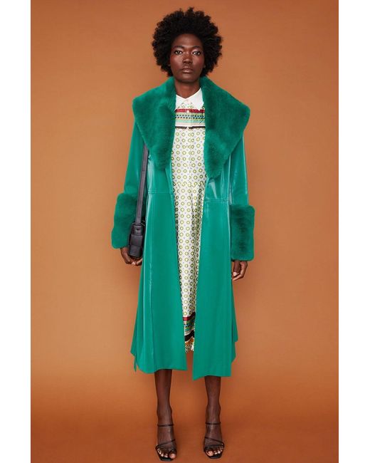 Jayley Green Trench Style Belted Coat With Faux Fur Cuffs And Collar S