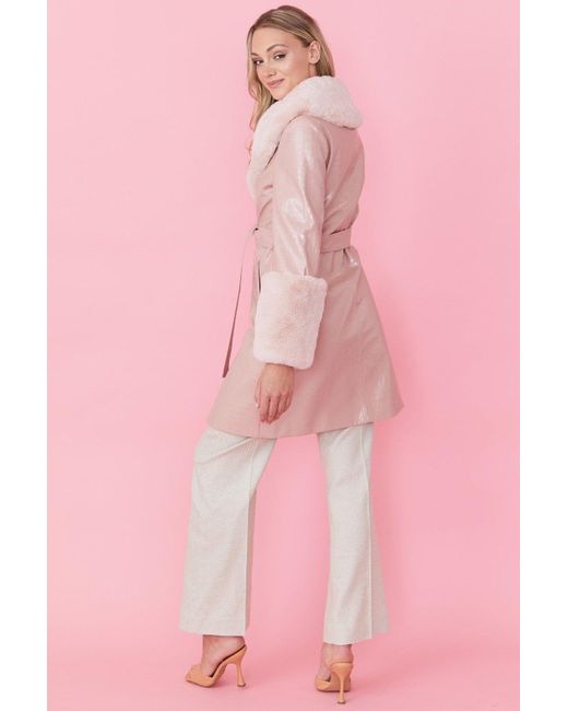 Jayley Pink Luxury Faux Leather Aubrey Coat With Detachable Faux Fur C