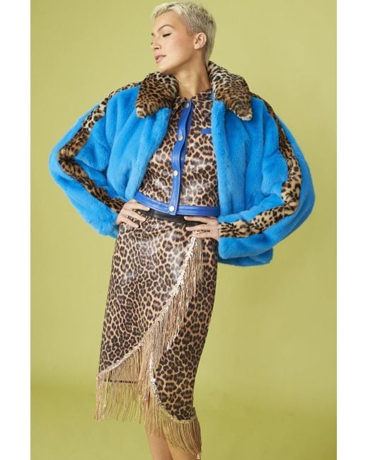 Jayley Blue And Leopard Print Faux Fur Coat