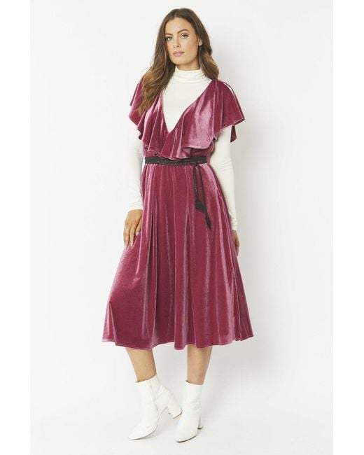Jayley Red Frill Front Velvet Skater Midi Dress