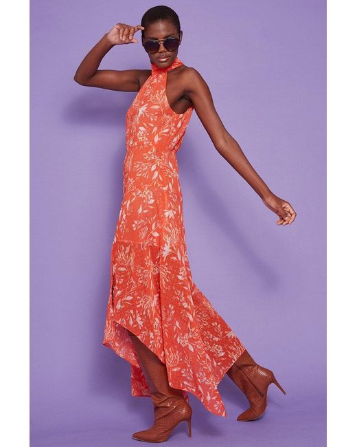 Jayley Brown Silk Blend Halter Neck Floral Dress