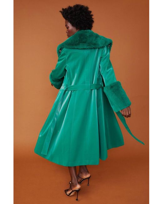 Jayley Green Trench Style Belted Coat With Faux Fur Cuffs And Collar S