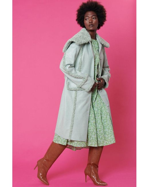 Jayley Pink Faux Shearling And Faux Leather Aviator Style Trench