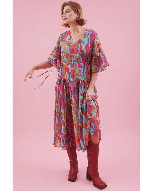 Jayley Pink Abstract Midi Dress With Flutter Sleeves