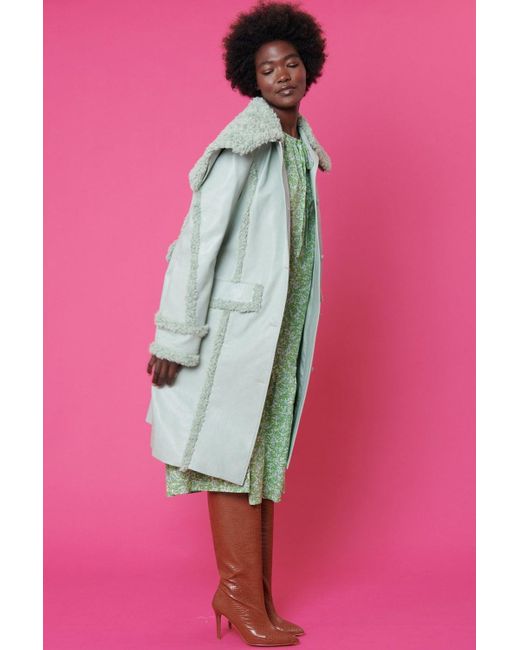 Jayley Pink Faux Shearling And Faux Leather Aviator Style Trench