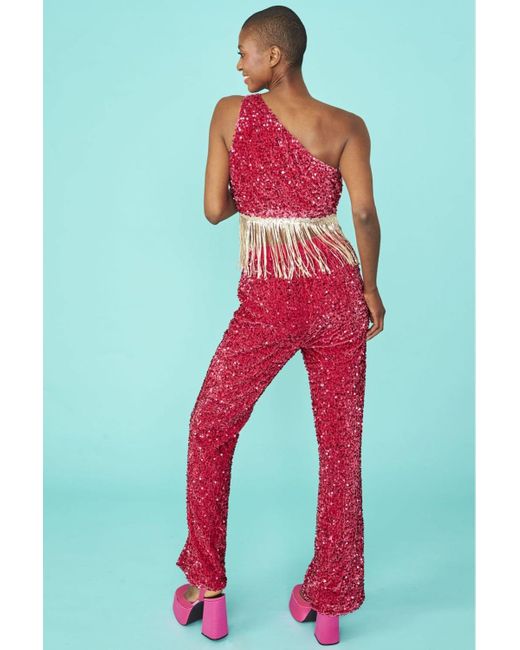 Jayley Pink Sequin One Shoulder Cropped Top With Sequin Tassels Size