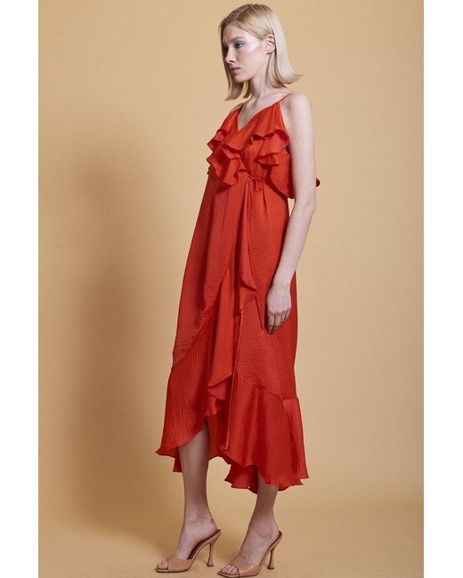 Jayley Red Silk Blend Maxi Wrap Ruffle Dress