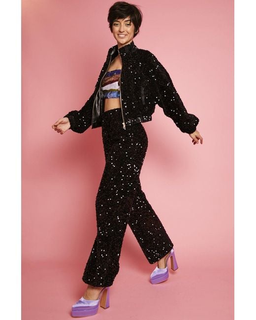 Jayley Black Sequin Cropped Biker Jacket