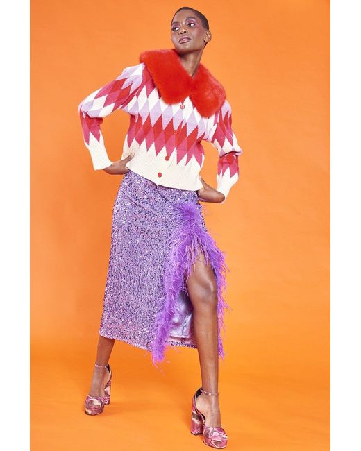Jayley Diamond Design Banana Peel Cardigan Multi-Coloured With Faux Fu