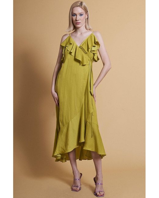 Jayley Yellow Chartreuse Silk Blend Maxi Ruffle Wrap Dress