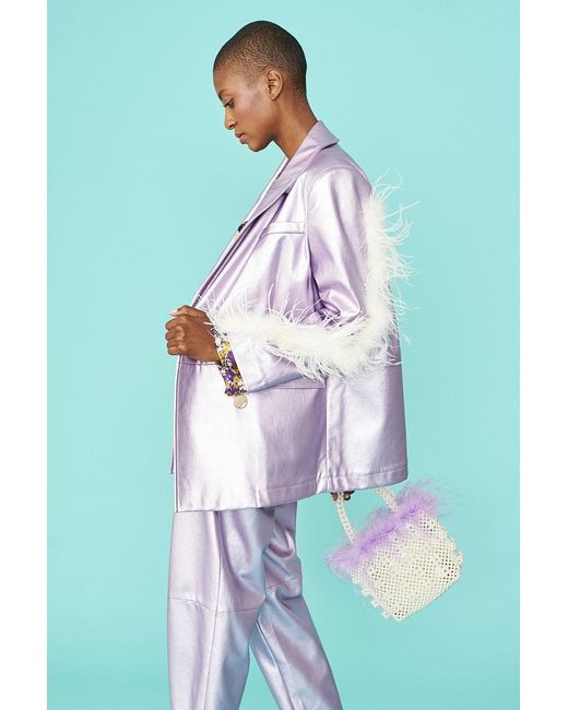 Jayley Blue Faux Leather Blazer With Feather Details