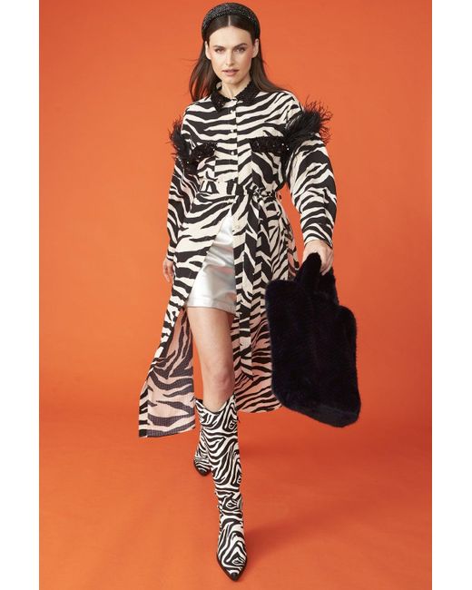 Jayley Orange Zebra Print Trench Coat Dress With Feather Trim And Embellished