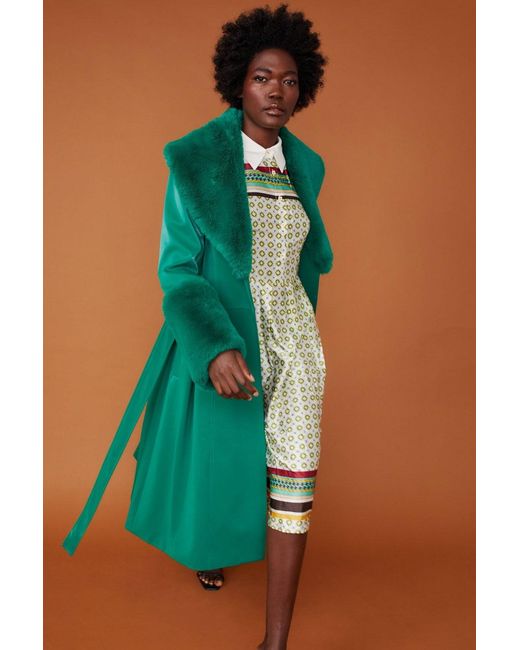 Jayley Green Trench Style Belted Coat With Faux Fur Cuffs And Collar S