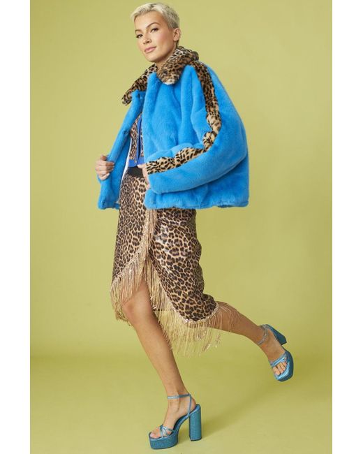 Jayley Blue And Leopard Print Faux Fur Coat