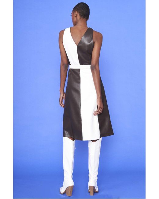 Jayley Blue Faux Leather Contrast Colour Blocking Midi Dress