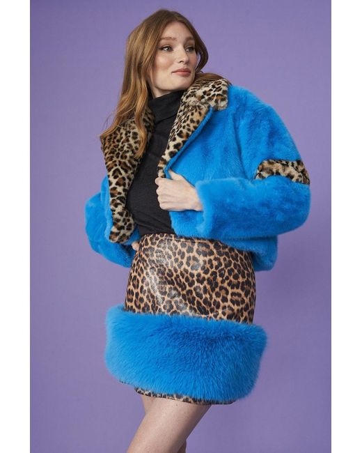 Jayley Blue Cropped And Leopard Print Faux Fur Coat