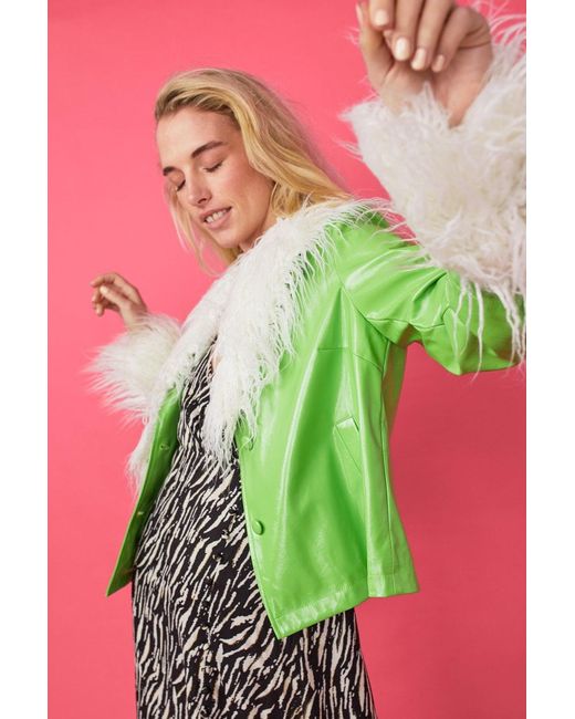 Jayley Green Faux Leather Biker Jacket With Mongolian Fur Cuffs And Co