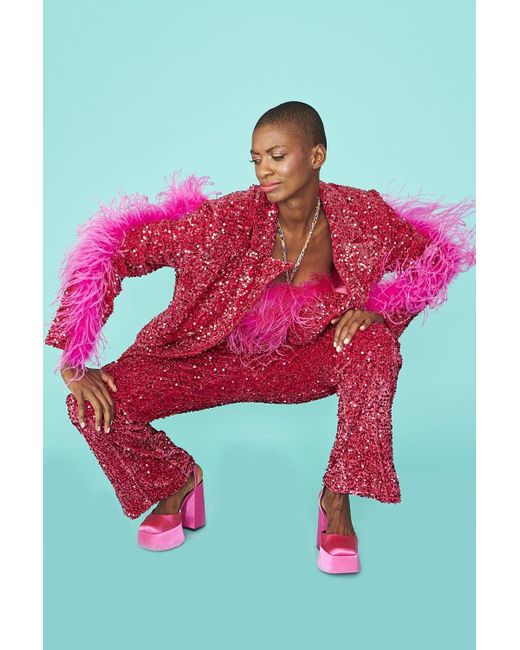 Jayley Red Sequin Feather Trim Blazer