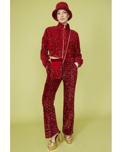 Jayley Red Sequin Cropped Biker Jacket