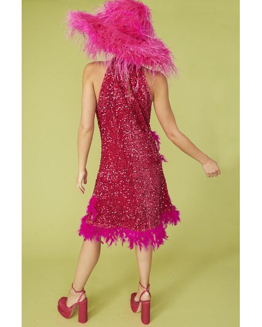 Jayley Pink Sequin And Feather Halter Dress With Key Hole Detail Size