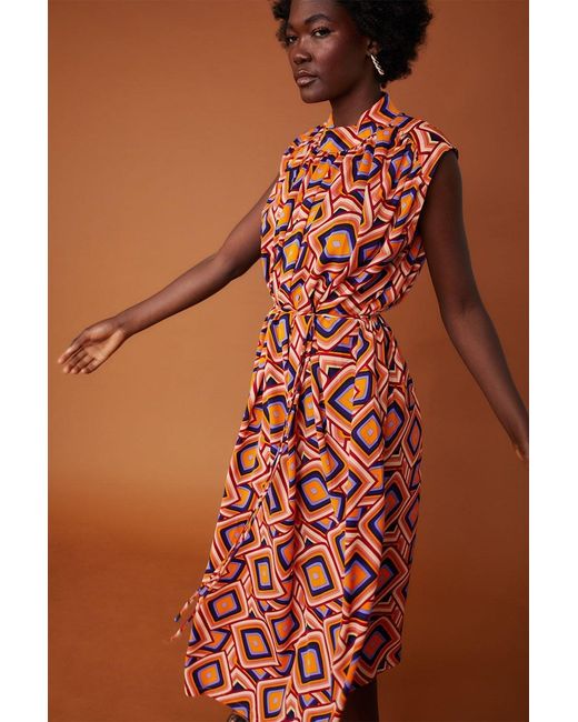 Jayley Brown High Neck Midi Geo Dress
