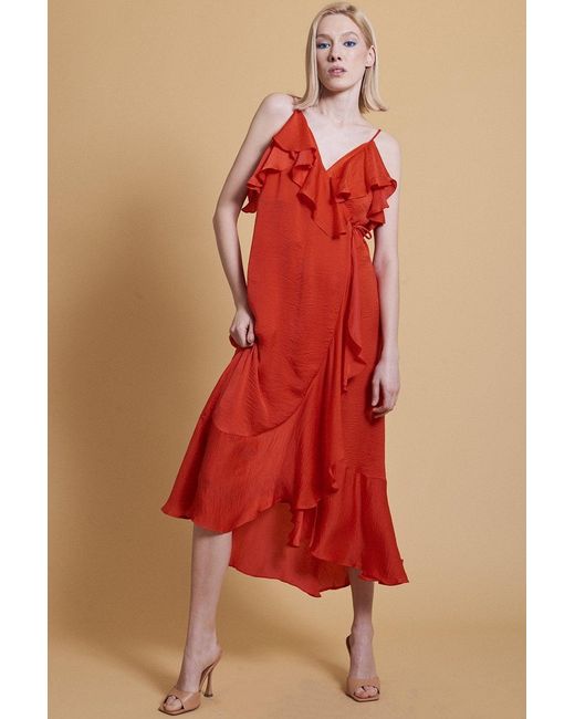 Jayley Red Silk Blend Maxi Wrap Ruffle Dress