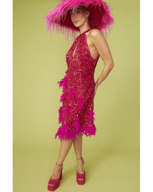 Jayley Pink Sequin And Feather Halter Dress With Key Hole Detail Size