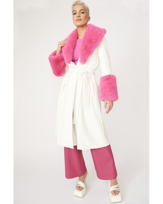 Jayley Pink Trench Style Belted Coat With Faux Fur Cuffs And Collar Si