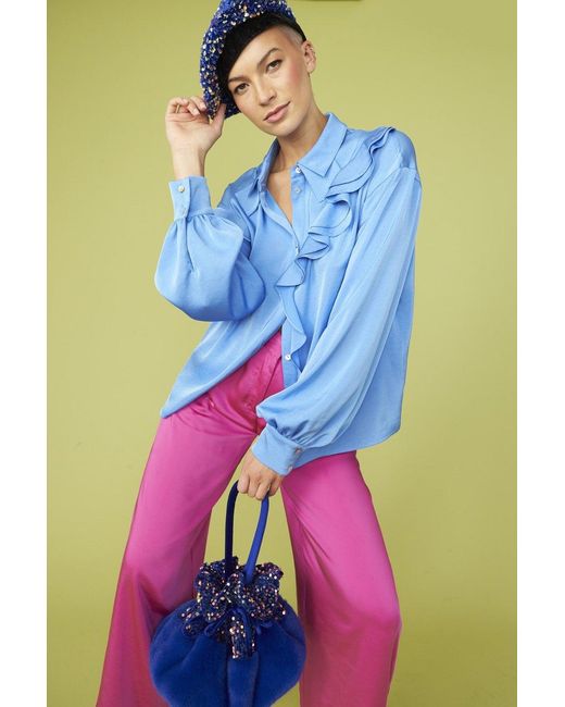 Jayley Blue Rayon Blend Ruffle Blouse