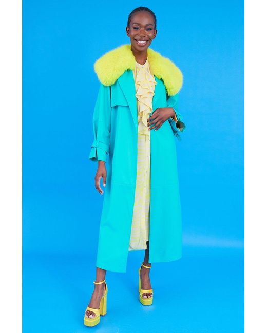 Jayley Blue Eco Leather Faux Fur Collar Trench Coat