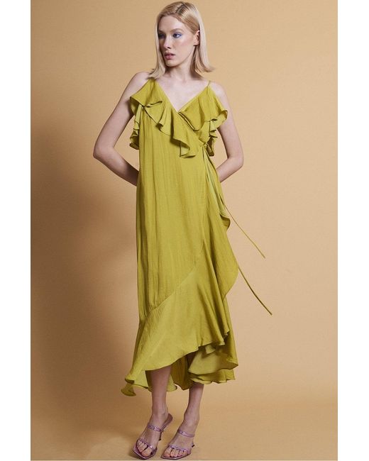 Jayley Yellow Chartreuse Silk Blend Maxi Ruffle Wrap Dress
