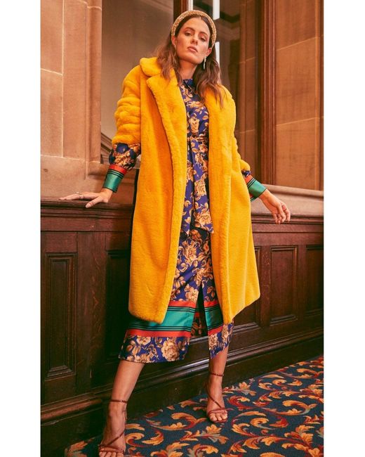 Jayley Yellow Faux Fur Midi Shaved Shearling Coat