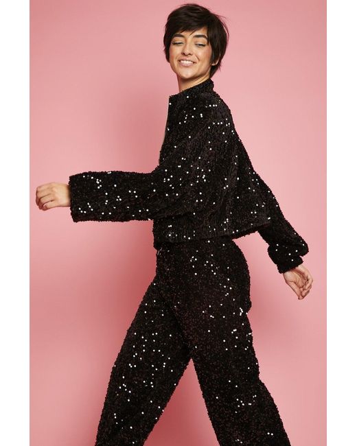 Jayley Black Sequin Cropped Biker Jacket