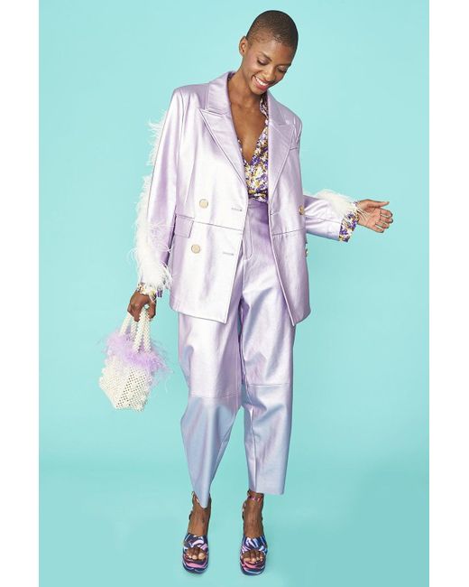 Jayley Blue Faux Leather Blazer With Feather Details