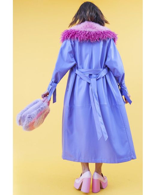 Jayley Blue Eco Leather Faux Fur Collar Trench Coat