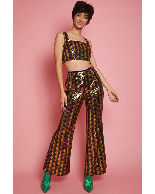 Jayley Pink Multi-Coloured Geometric Sequin Flares