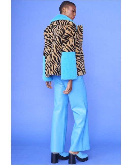Jayley Blue And Leopard Print Faux Fur Coat