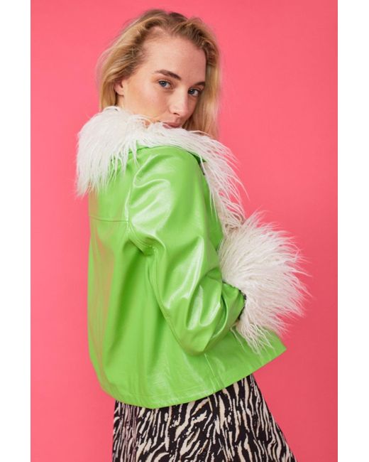 Jayley Green Faux Leather Biker Jacket With Mongolian Fur Cuffs And Co