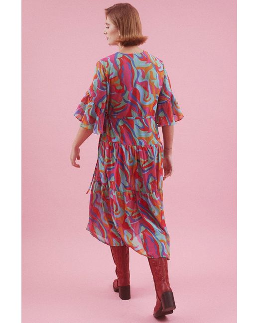 Jayley Pink Abstract Midi Dress With Flutter Sleeves