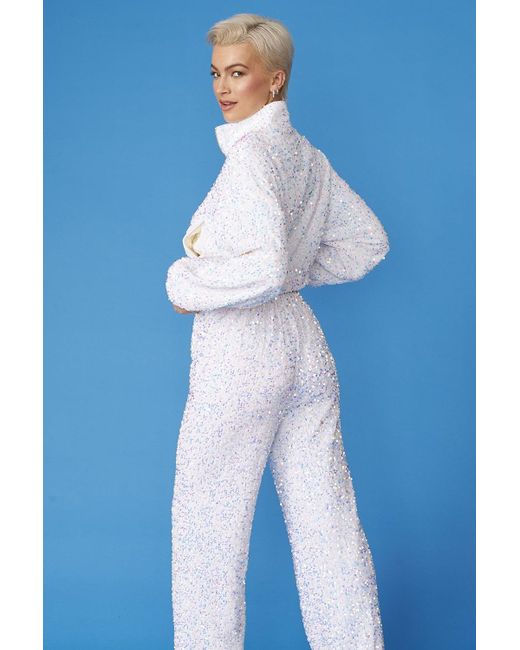 Jayley Blue Sequin Cropped Biker Jacket