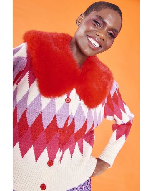 Jayley Diamond Design Banana Peel Cardigan Multi-Coloured With Faux Fu
